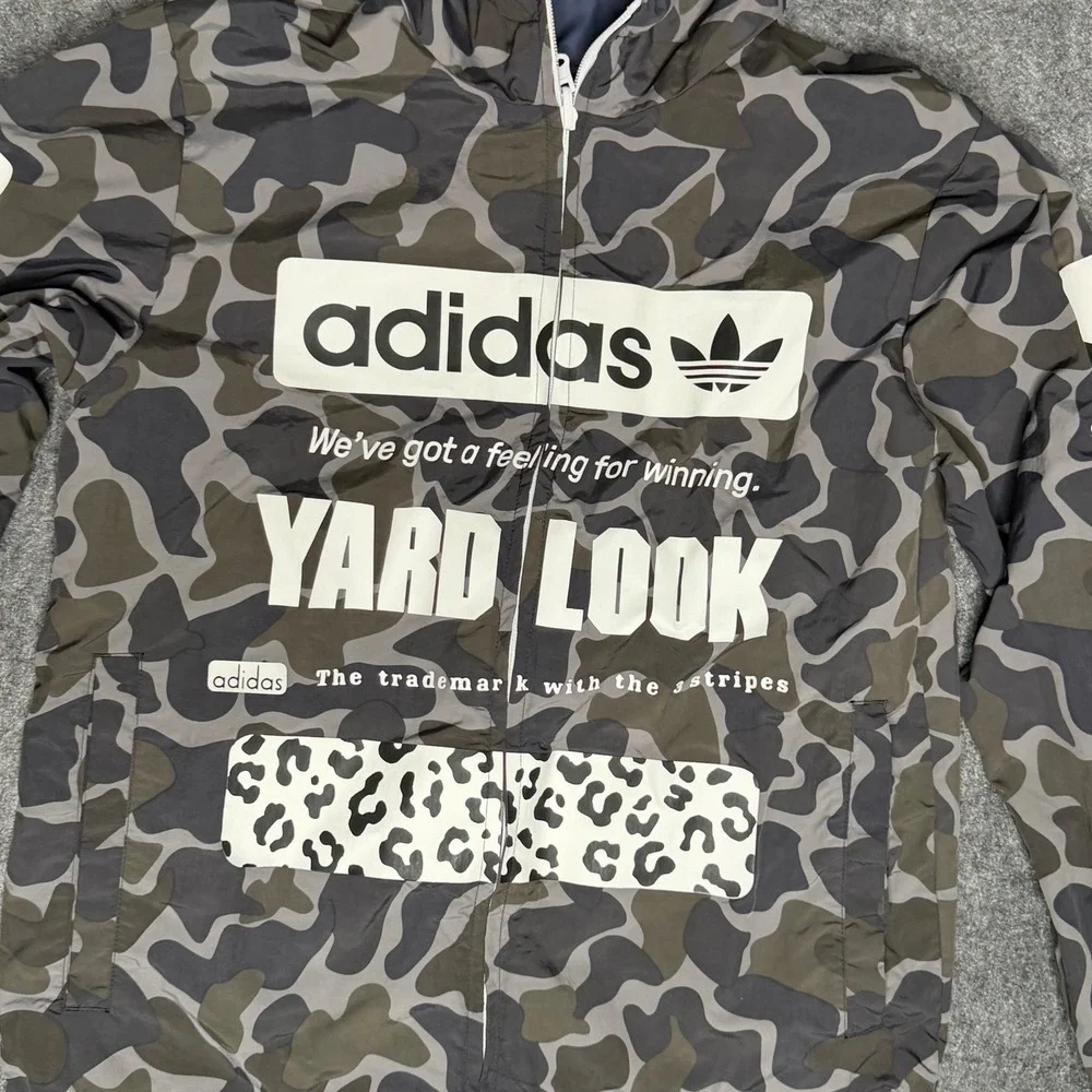 Adidas Reversible Windbreaker Jacket Mens Camo‎ Yard Look Blue Hooded Full Zip